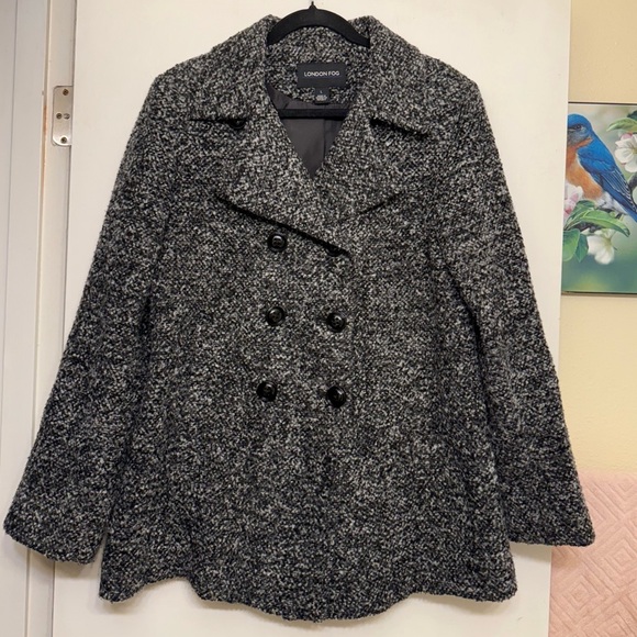 London Fog Jackets & Blazers - London Fog Peacoat Wool Blend Salt & Pepper Tweed Double-Breasted Jacket, Large